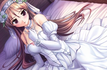 Eris Floralia - beauty, wedding, sexy, hot, female, eris floralia, long hair, anime girl, hairband, brown hair, cool, hair flower, bedroom, blush, dress