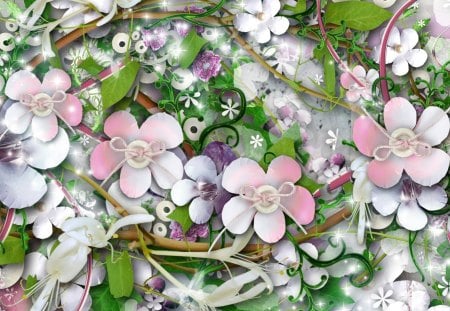 Plenty of Flowers - bows, collage, light, string, summer, spring, reed, fleurs, buttons, pastel, ribbon, flowers