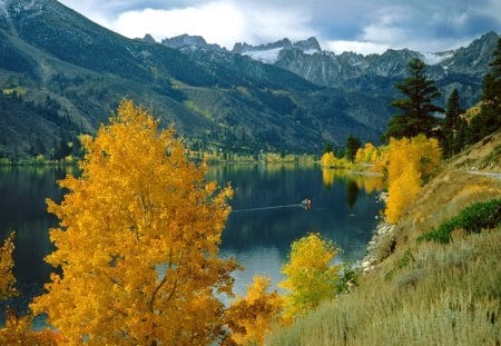 Lake afternoon - lakeshore, slope, autumn, sky, riverbank, lake afternoon, mirrored, clear, calm, view, reflection, river, clouds, grass, boat, mountain, summer, shore, nature