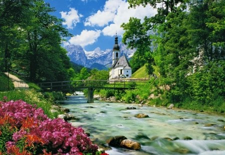 Bavarian Alps - pretty, bavaria, summer, europe, blue, creek, stream, grass, church, mountain, flowers, nice, sky, clouds, greenery, trees, chapel, alps, beautiful, tower, lovely, stones, river, germany, nature, green, bridge