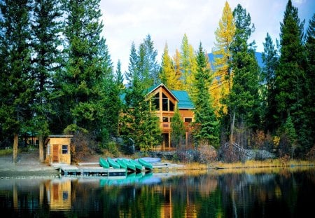 Blue lake forest - summer, blue, canoes, cabin, forest, reflection, crystal, shore, riverbank, lake, nice, cottage, sky, house, trees, beautiful, mirrored, lovely, lakeshore, boats, river, nature, bright, clear