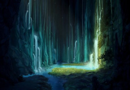 fantasy landscape - river, waterfall, cliffs, grass, stars, light