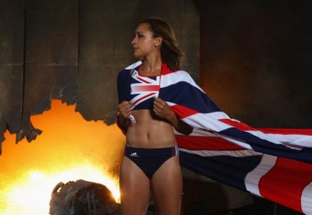 jessica ennis - union jack, hottie, posing, standing, muscular