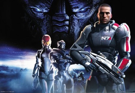 mass effect - soldiers, alien, guns, stars