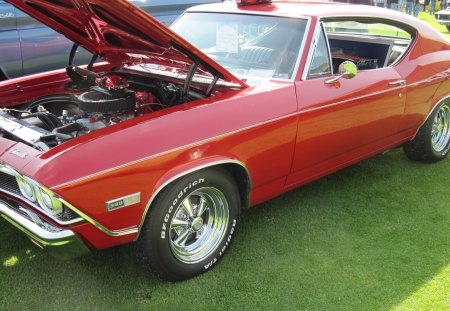 1968 red Chevrolet - red, headlights, chevrolet, chrome, engine, black, photography, tires