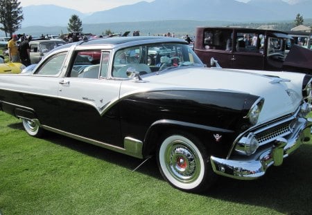 1955 Ford Crown Victoria - trees, grass, Photography, black, Ford, white, car, green, mountains