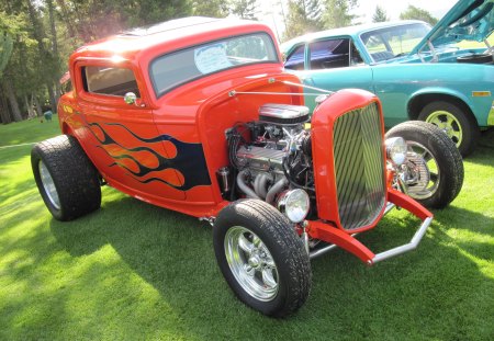 1930 Ford coupe - headlights, red, silver, grills, black, chrome, tires, ford, engine, photography