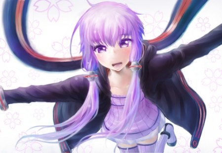 Yuzuki Yukari - girl, eyes, hair, music, purple, vocaloid, anime, singing, twin tail, cute