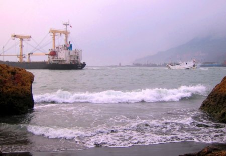 Seaside - ship, seaside, wave, rocks