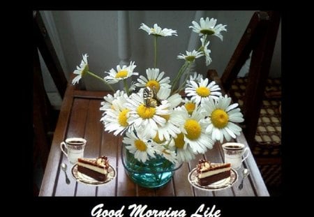 good morning life - coffee, flowers, still life, daisies, coffe cups, cakes