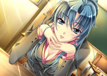 Beauty Blue Eyes - nail polish, sexy, hot, desk, female, room, anime girl, blue hair, beauty blue eyes, class, cool, class room, blush, smile, sunrise, breasts