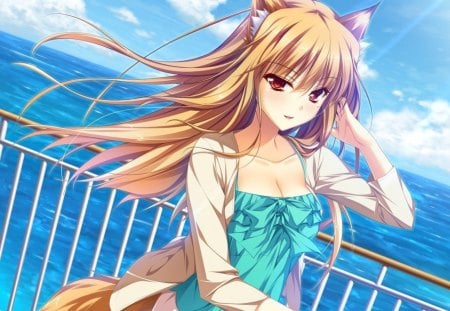 Miyama Kon - sky, female, hot, fox ears, water, anime girl, brown hair, wind, cloud, cool, miyama kon, sexy, ocean, fox girl, long hair, fox tail, sweet, blush, sunrise, breasts