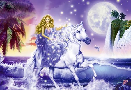 Riding fairy - woman, sky, magic, fantasy, rocks, clouds, birds, moon, ocean, ride, lady, stars, girl, riding, palm, exotic, waves, horse, romantic, blue, island, fairy, sea, unicorn, blonde