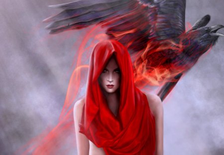 GIRL with RED HOOD - bird, crow, magic, red, hood, girl, art