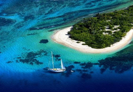 SAILING at BLUE LAGOON - yacht, lagoon, island, boat, beach, ocean, blue, sail