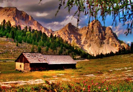 MOUNTAIN FOOT HOUSE - mountain, clouds, house, pines, foot