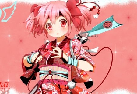 Pink and Red Cutie - bows, girl, young, hearts, cuite, pink, red, weapon, anime, teen, komono