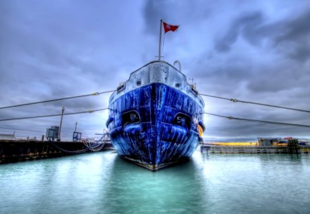 THE BLUE BOAT - ship, flag, dock, hdr, sea, boat