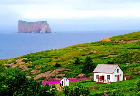 NATIONAL PARK,QUEBEC,CANADA - fields, ocean, houses, popular, wallpaper, houde, coast, nature, oceans, national park of quebec, canada, architecture