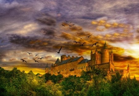 fantasy castle - building, trees, clouds, blue sky, birds