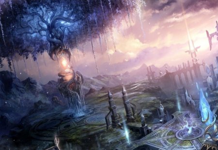 fantasy landscape - trees, lightning, statues, towers, bridge