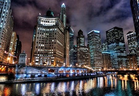 Chicago Night Lights - night, reflection, lights, chicago