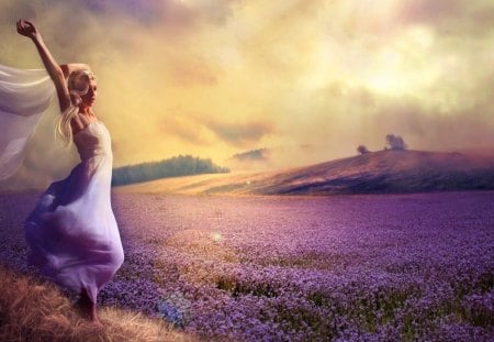 Purple dreams - dreams, woman, sky, lady, girl, field, meadow, fantasy, vail, purple, romantic, clouds, beautiful, dress, lavender