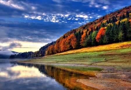 Autumn Colors - beauty, autumn, sky, trees, peaceful, water, colorful, mountains, autumn leaves, view, reflection, clouds, tree, lake, landscape, autumn splendor, lovely, nature, autumn colors, woods, forest, blue, beautiful, leaves, splendor, colors