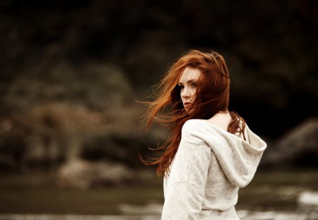 * Autumn wind * - face, wind, eyes, redhead, cold day, hair, stare, woman, autumn