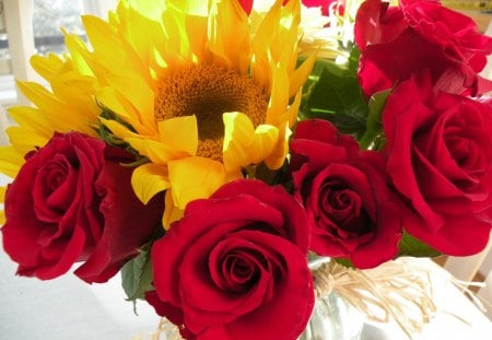 AWESOME Loveâ™¥ - love, special, fresh, sunflowers, always, roses, fashion, bouquet, entertainment, forever, floral, bow, yellow, red, event, ribbon