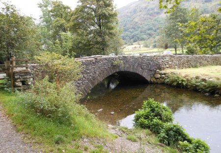 A bridge to Far - river bank, path, river, trees, bridge