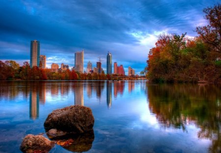 Austin, Texas - calm, summer, blue, amazing, bushes, reflection, crystal, magnificent, shore, texas, gorgeous, riverbank, skyscrapers, nice, sky, clouds, beautiful, mirrored, city, lovely, stones, river, clear, america, peaceful, austin