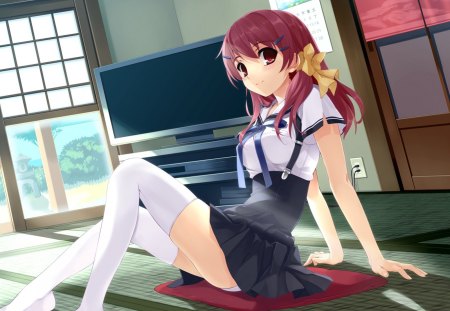 Wakamiya Asuka - sitting, hair ribbon, underwear, white legwear, female, hot, anime girl, red eyes, cool, ribbon, tree, pillow, sexy, wakamiya asuka, thighhigh, television, hairclip, red hair, school uniform, hair flower, sweet, panties, smile