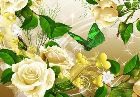 Yellow Rose Perfection - papillon, roses, yellow, summer, spring, leaves, flowers, dew, sparkle, gold, fleurs, glow, green, bright, butterfly, hearts, shine