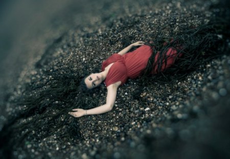 * Save me * - sadness, save, woman, red dress, alone, death, stones