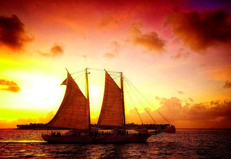 SUNSET SAILING - sail, sunset, ship, boat, sea