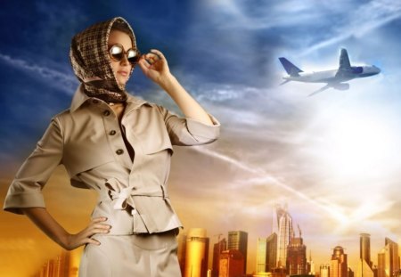 waiting in the airport - airplane, aircraft, woman, airport