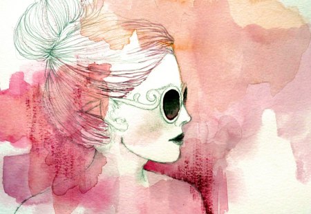 Aquarelle - girl, glasses, bun, drawing, aquarelle, sketch, painting, lipstick, portrait