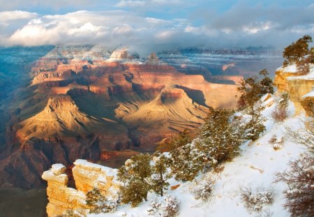 Sunny canyon - clouds, stone, sunny, winter, snow, rock, cold, sun, sky, canyon