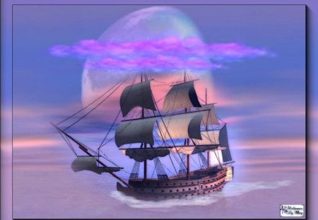 Pastel Sailing - moon, oceans, tallships, ships, sailing