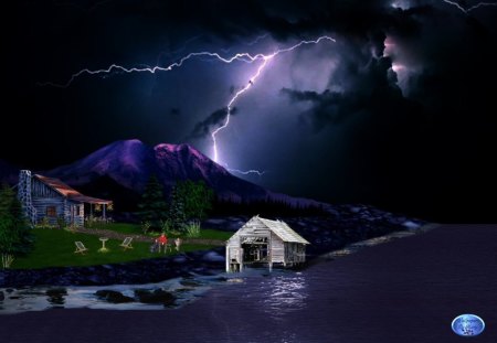 Stormy Haven 1280x1024 - lakes, storms, lightning, cabins