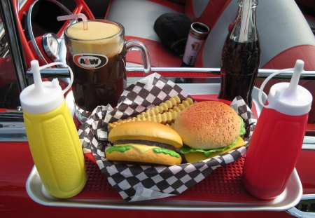 Dinner time - yellow, red, green, root beer, dinner