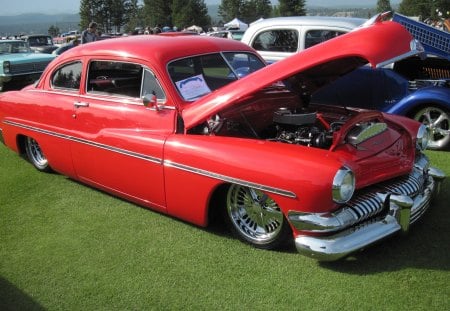 1951 Mercury coupe - headlights, red, black, chrome, tires, grass, ford, engine, photography, mercury, green