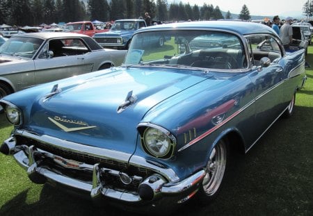 1957 Chevrolet Bel Air - Chrome, trees, Black, headlights, blue, Tires, Photography, Chevrolet, Nickel, green