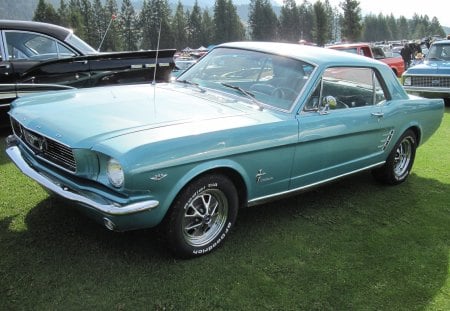 Ford Mustang 299 with 2-door coupe - headlights, chrome, photography, blue, tires, ford, black