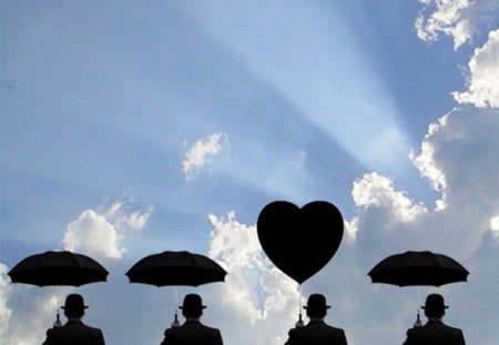 three umbrella and one heart - silhouettes, sky, collage, clouds, men, hats, sun rays