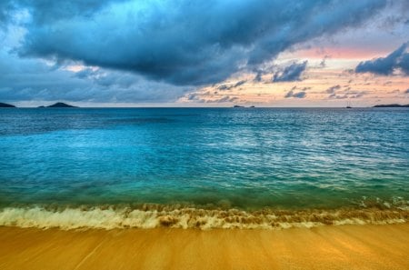 A Beach for Your Thoughts - blue, amazing, beach, splendor, island, sunrise, reflection, sailboats, sand, sailing, view, ocean waves, sky, clouds, beautiful, sea, beauty, lovely, ocean, nature, sunset, sailboat, waves, seascape, peaceful