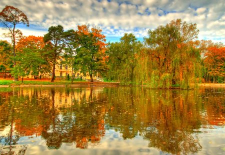 Beautiful Autumn - sunny, alley, mansion, autumn colors, splendor, landscape, reflection, leaves, villa, view, lake, sky, clouds, house, water, beautiful, beauty, lovely, architecture, stairs, autumn, autumn leaves, peaceful, park