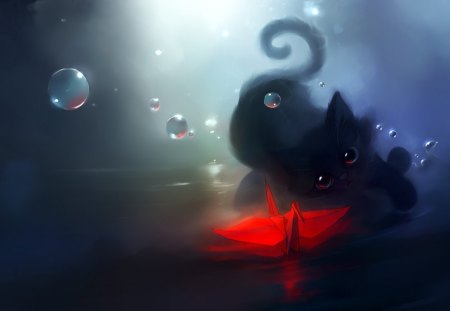 Hey kitty - cat, kitty, black, bubble, art, dark, beautiful, animal, cute