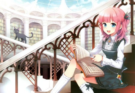 At the library - library, book, cat, anime, girl